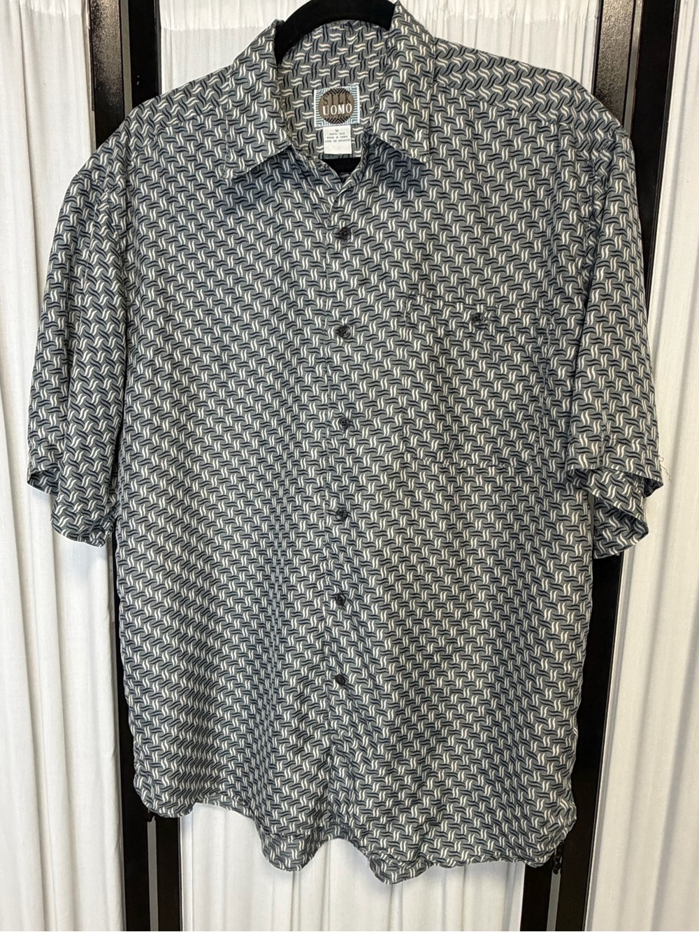Men’s Silk Uomo Short Sleeve Button-Down 100% Silk Shirt - Gray/Blue